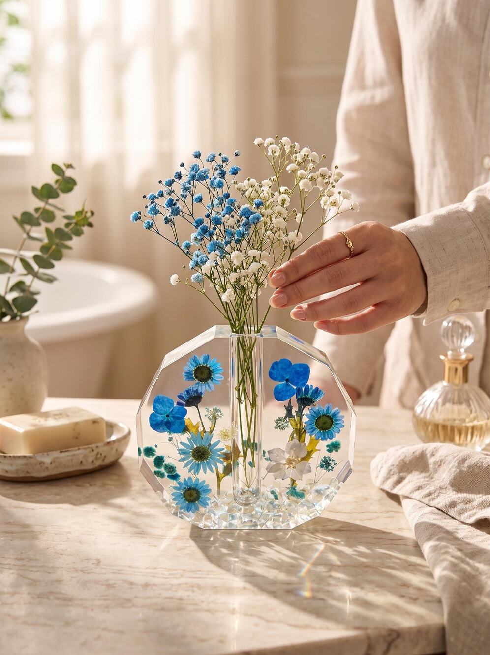 Forever Bloom Blue Meadow Bud Vase Real Pressed Flowers in Crystal Clear Resin